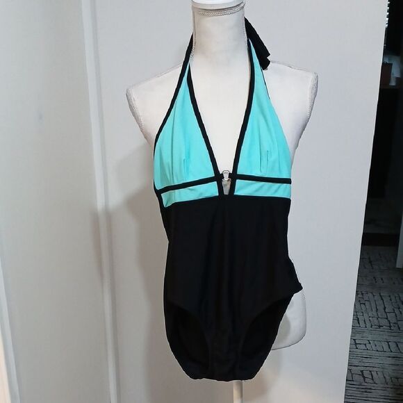 La Blanca Black and Blue Halter One-Piece Swimsuit - Picture 1 of 5